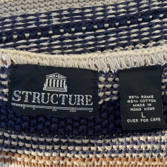 Men’s Vintage Nineties Tan Navy Striped Sleeveless Sweater Vest Unisex Size L - Picture 6 of 7